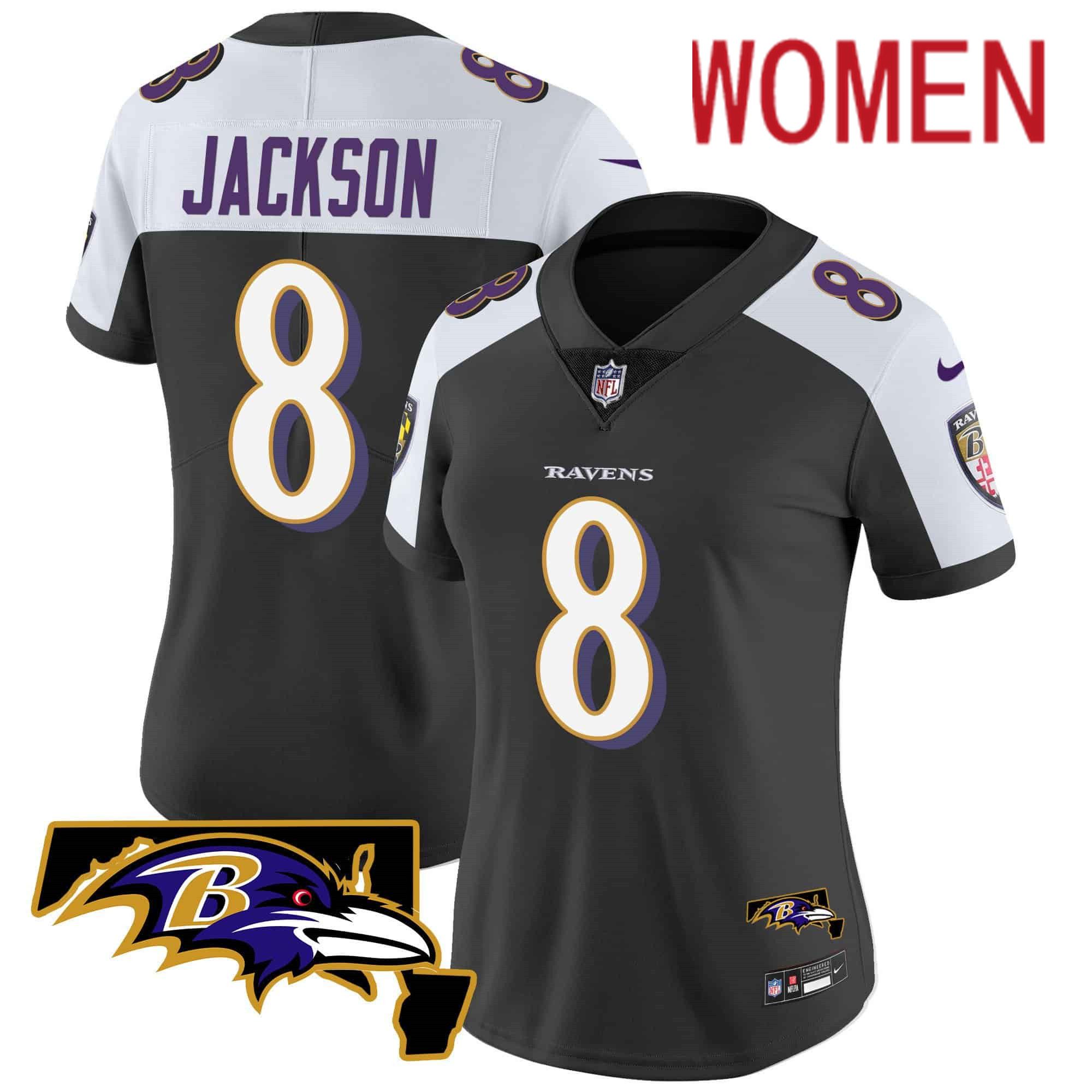 Women Baltimore Ravens 8 Jackson Black 2024 Nike Maryland Patch Vapor Limited NFL Jersey
